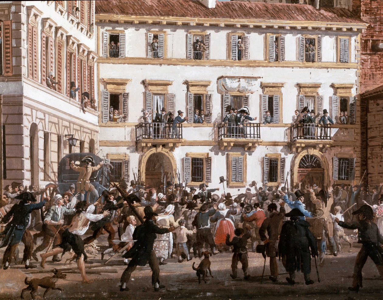 General Domenico Pino hält eine Ansprache an Aufständische auf dem Platz des Teatro dei Filodrammatici in Mailand am 20.04.1811 von Giovanni Migliara