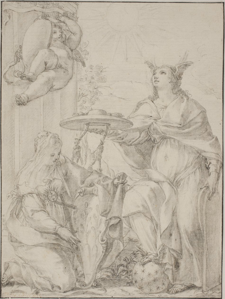 Allegorie mit zwei weiblichen Figuren, eine stellt den Glauben dar und hält ein Wappen von Giovanni Odazzi