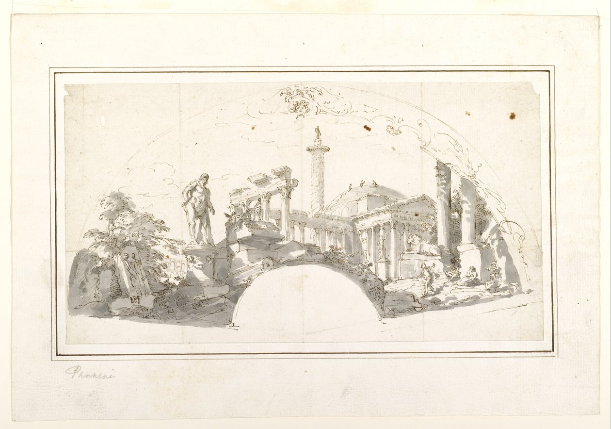 Entwurf für einen Fächer: Capriccio mit römischen Ruinen und dem Farnese-Herkules von Giovanni Paolo Panini