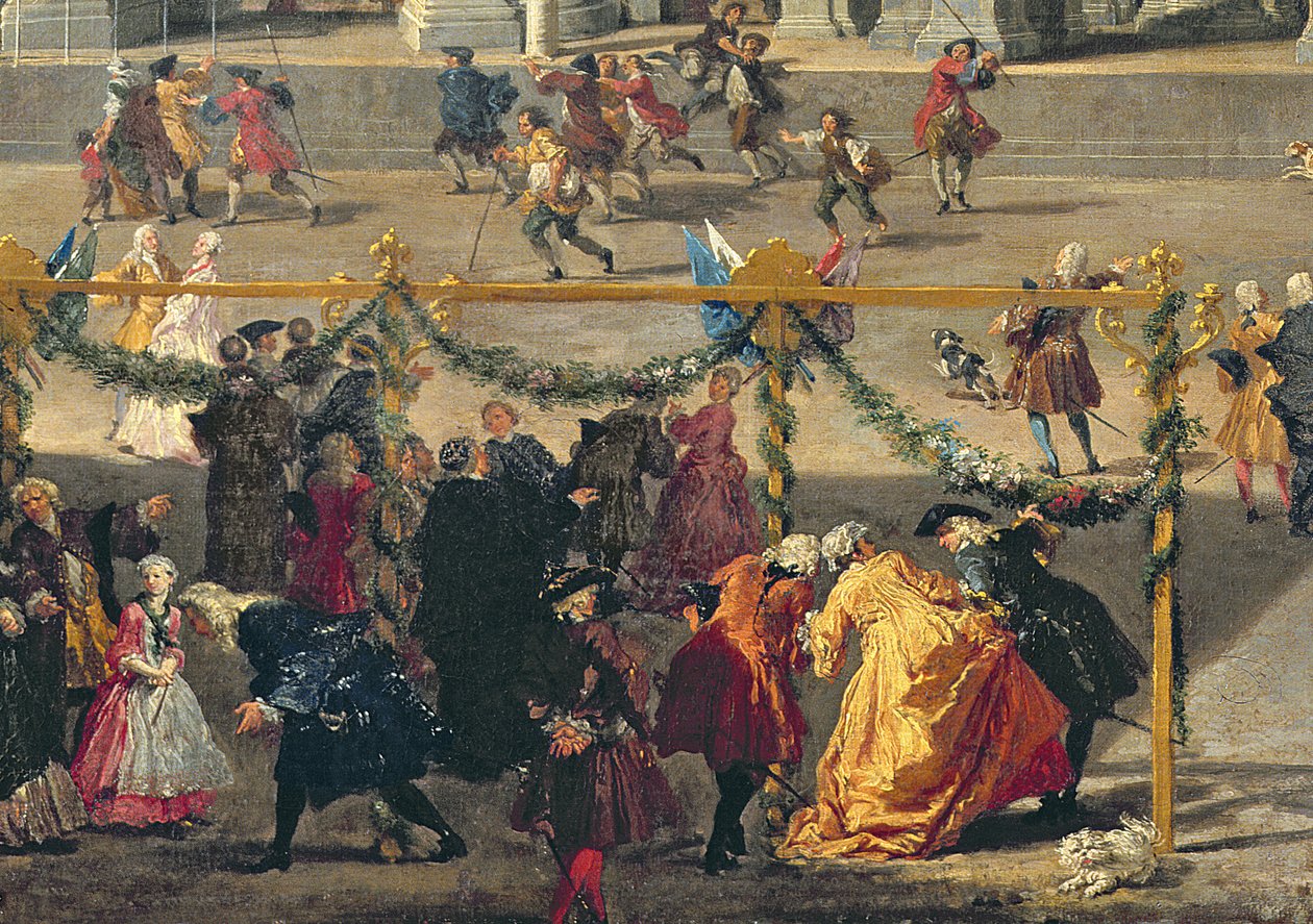 Vorbereitung für das Feuerwerk auf der Piazza Navona, Rom, zur Feier der Geburt des Dauphins, 1729 (Detail) von Giovanni Paolo Pannini