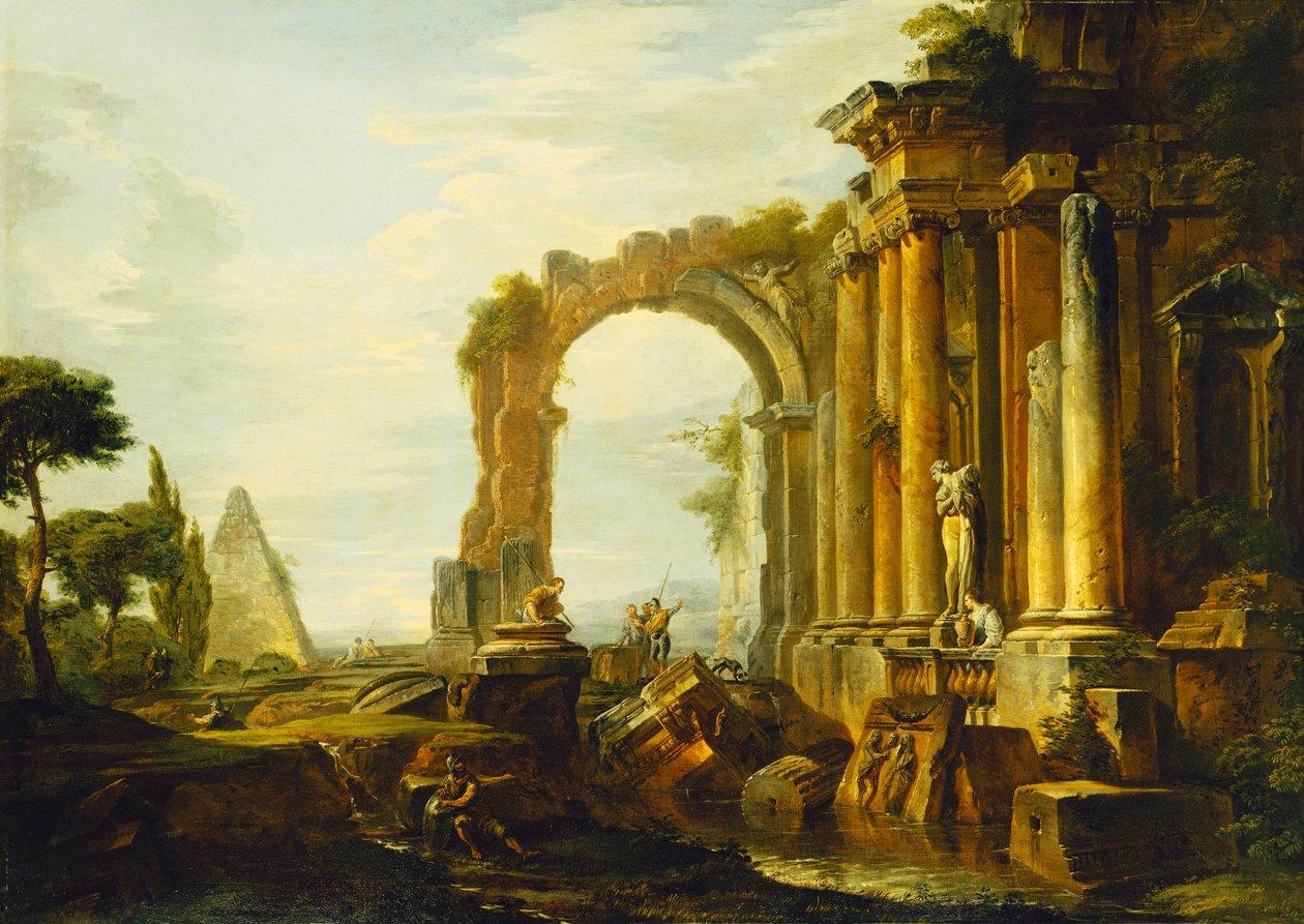 Ein Capriccio klassischer Ruinen mit der Pyramide von Cestius und Figuren in einer Landschaft von Giovanni Paolo Pannini