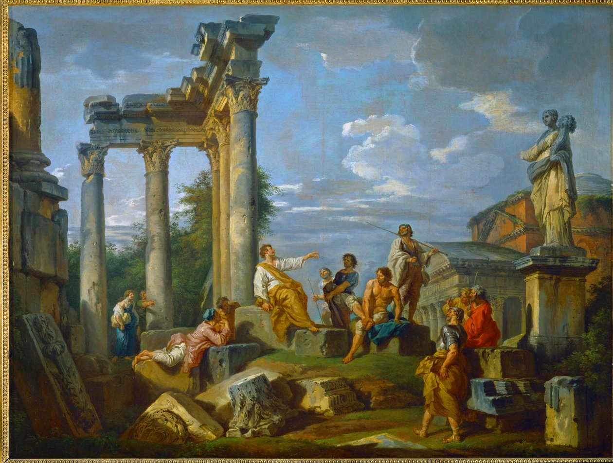 Prediger inmitten von Ruinen in Rom, bereichert mit Figuren, mit dem Pantheon und der Statue der Flora von Giovanni Paolo Pannini or Panini