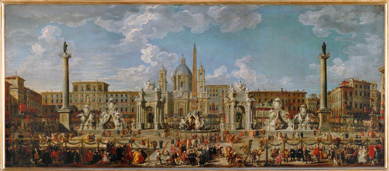 Vorbereitungen für das Feuerwerk und die Dekoration des Festes auf der Piazza Navona in Rom am 30. November von Giovanni Paolo Pannini or Panini