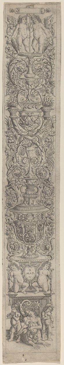 Ornamenttafel: Nereide und zwei Kinder, die Musikinstrumente spielen von Giovanni Pietro Birago and Zoan Andrea