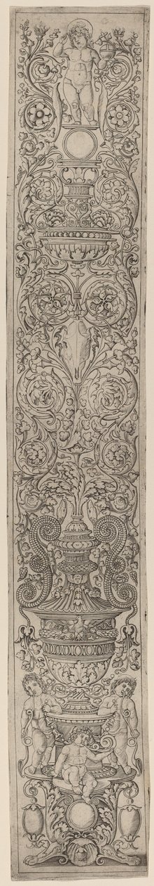 Ornamenttafel: Drei Kinder blasen Hörner von Giovanni Pietro Birago and Zoan Andrea