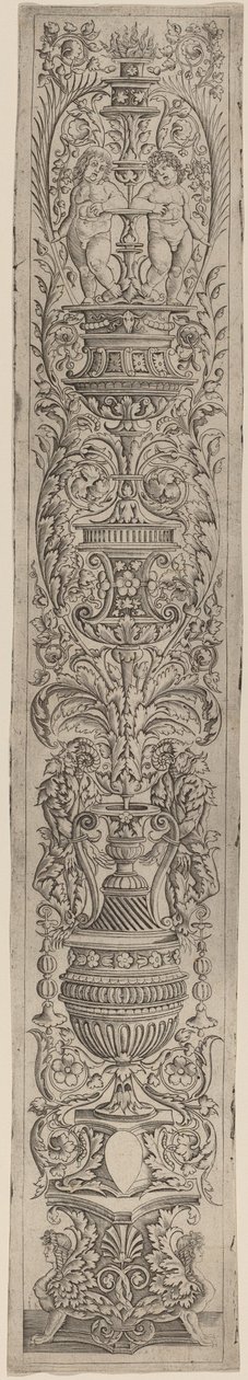 Ornamenttafel: Zwei Sphinxe und zwei Kinder, die Palmen halten von Giovanni Pietro Birago and Zoan Andrea
