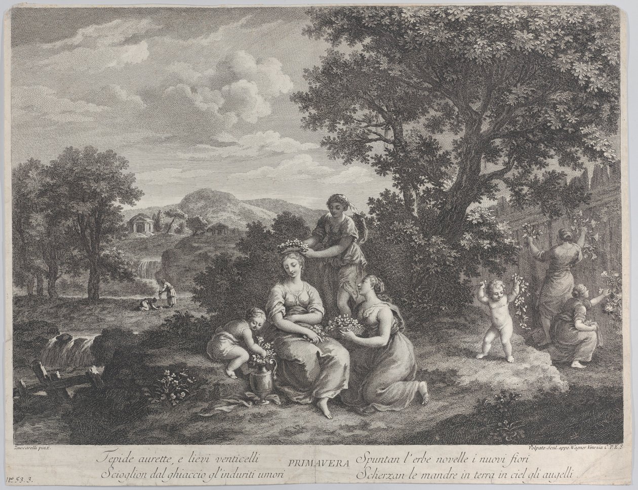 Primavera, eine Gruppe von Frauen, die Blumen sammeln und daraus Kronen machen, ca. 1764 von Giovanni Volpato