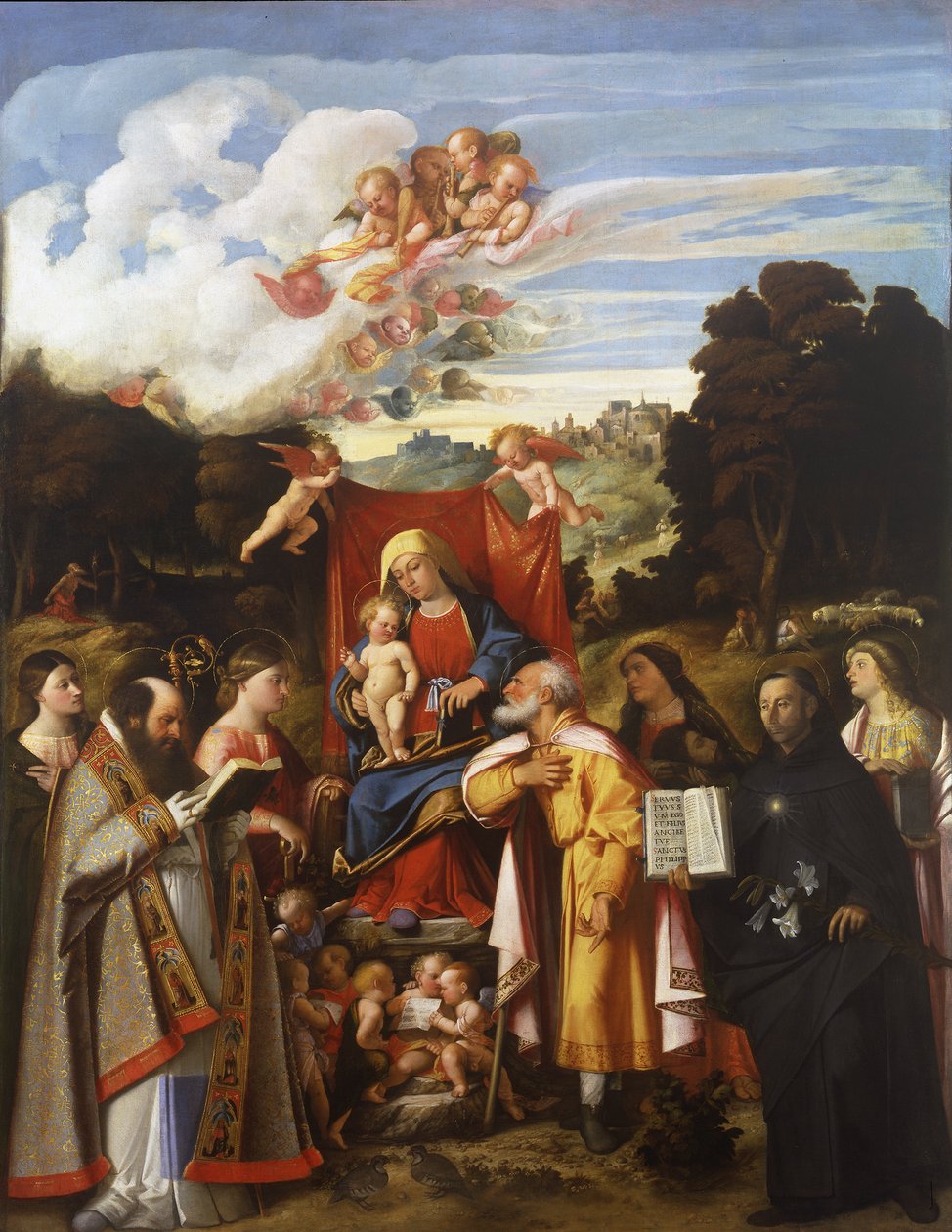 Madonna auf dem Thron mit Engeln, St. Apollonia, St. Augustinus, St. Katharina, St. Joseph, St. Grata, St. Philipp Benizzi und St. Barbara (St. Gotthard Altarbild) von Giovanni de Busi Cariani