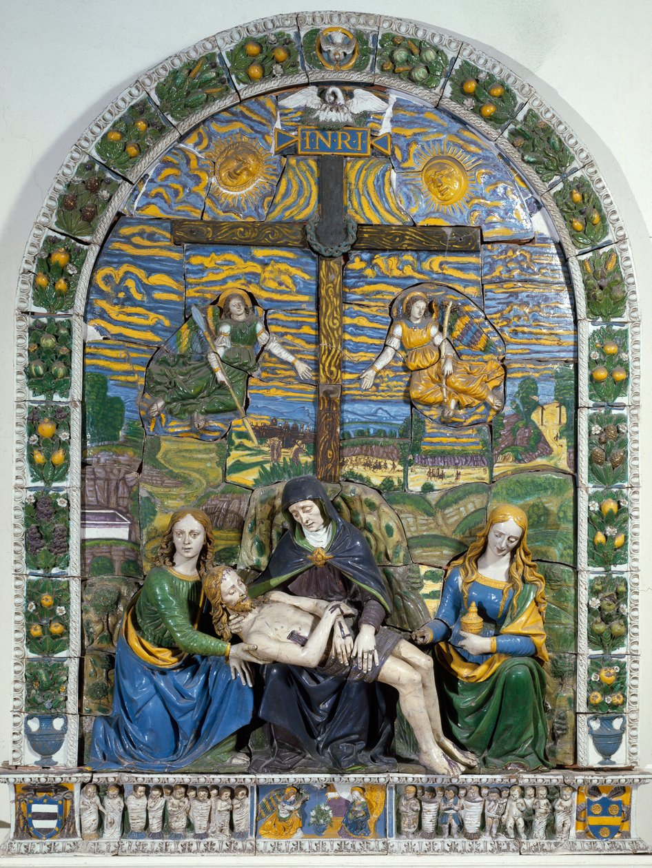 Die Kreuzabnahme (Pieta) Jesus Christus und die Jungfrau Maria umgeben von Johannes und Maria Magdalena vor dem Kreuz mit der Inschrift INRI. Flachreliefkeramik von Giovanni della Robbia (1469-1529) von Giovanni della Robbia