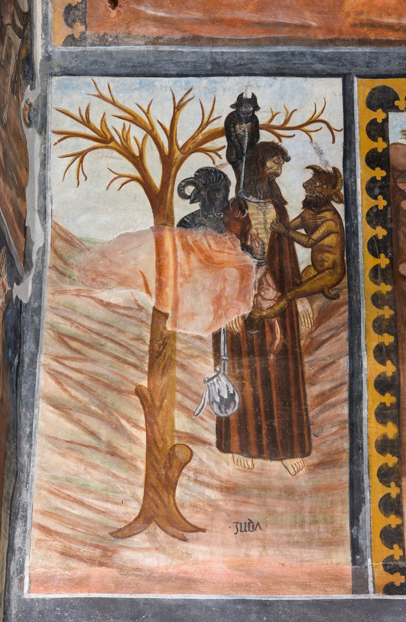 Geschichten der Passion Christi: Judas, nachdem er Jesus für dreißig Denare verraten hat, erhängt sich von Giovanni di Cherasco Botoneri