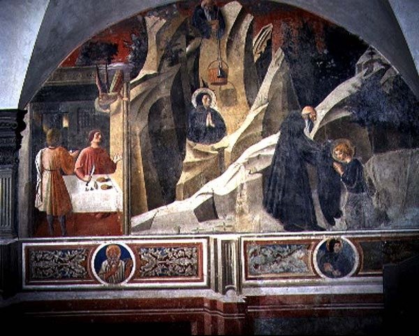 St. Benedikt erhält Brot und einen Mantel vom Einsiedler Romano (Detail) von Giovanni di Consalvo (attr. to)