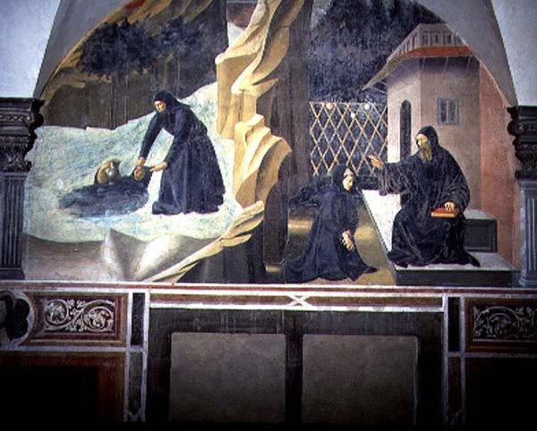 Der heilige Benedikt schickt Mauro, um den ertrinkenden Placidus aus dem See zu retten (Detail aus dem Freskenzyklus des Lebens des heiligen Benedikt aus dem Chiostro degli Aranci (Orangenkloster), ca. 1430er Jahre) von Giovanni di Consalvo (attr. to)