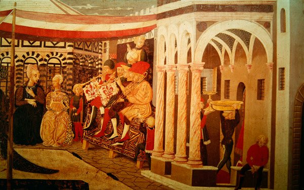 Frontal vom Adimari Cassone, das eine Hochzeitsszene vor dem Baptisterium darstellt, ca. 1450 von Giovanni di Ser Giovanni Scheggia