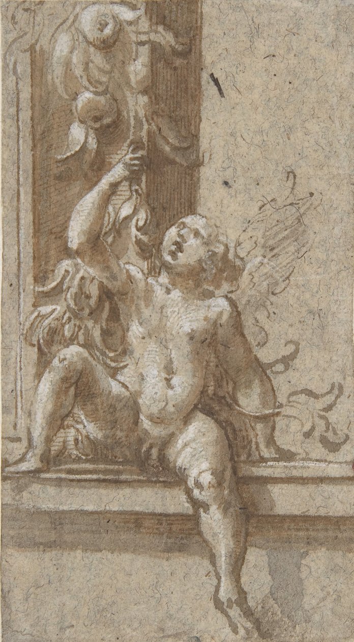 Ein Putto sitzt auf einem Rahmen, ca. 1538-40 von Girolamo Mazzola Bedoli