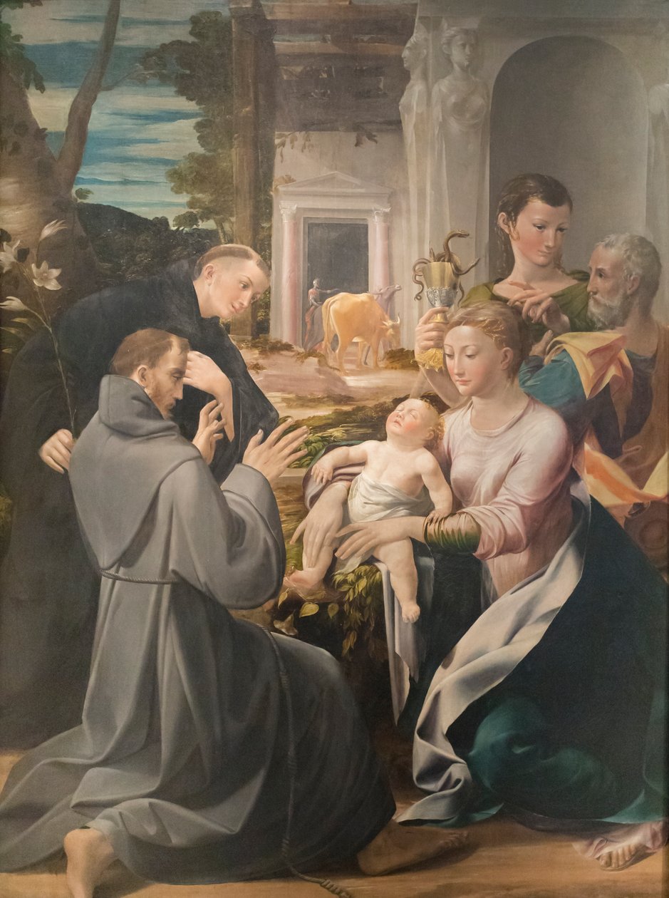 Heilige Familie mit dem heiligen Antonius von Padua, dem heiligen Franziskus von Assisi und dem heiligen Johannes dem Evangelisten von Girolamo Mazzola Bedoli