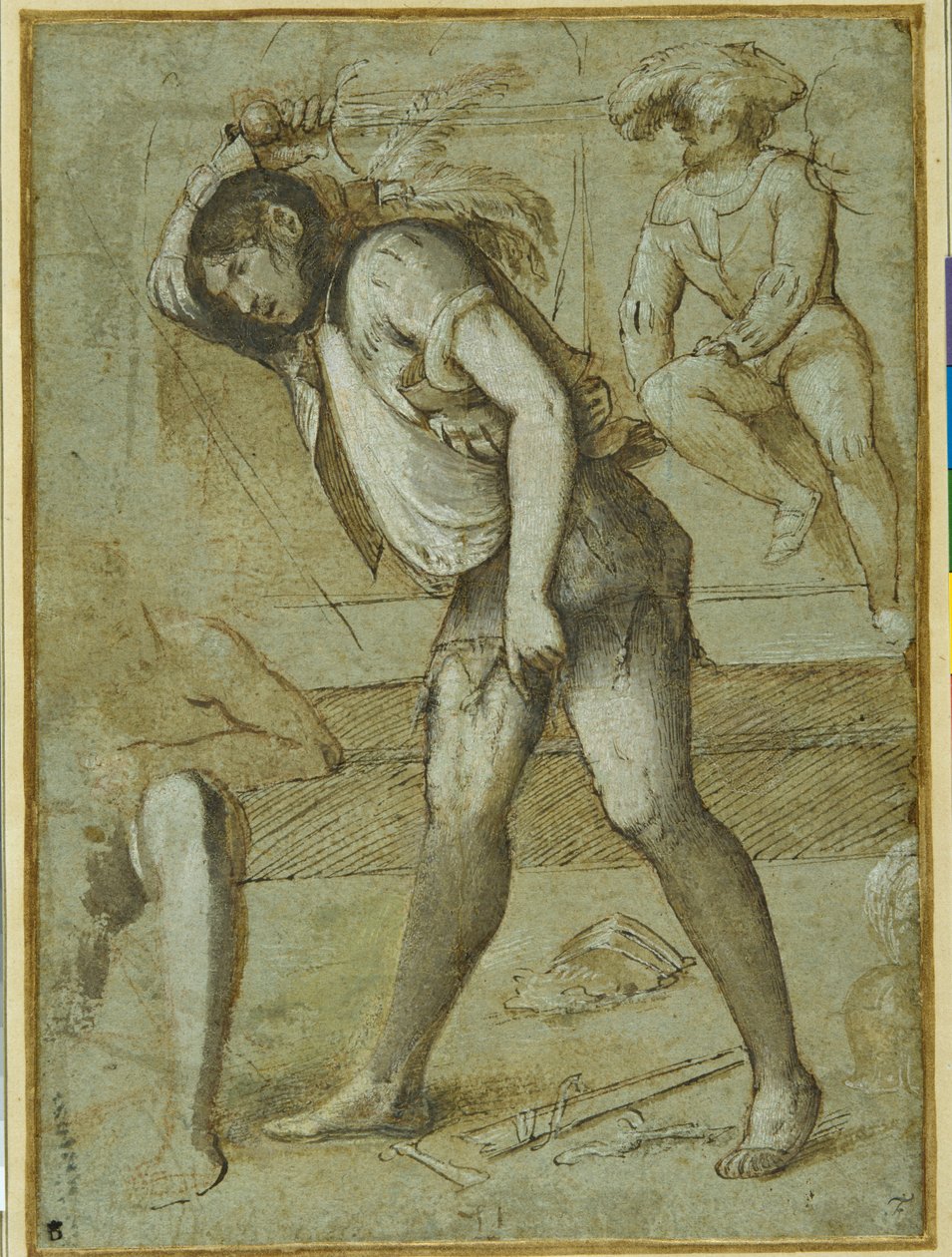 Ein Henker kurz vor der Enthauptung eines bärtigen Heiligen von Girolamo Romanino