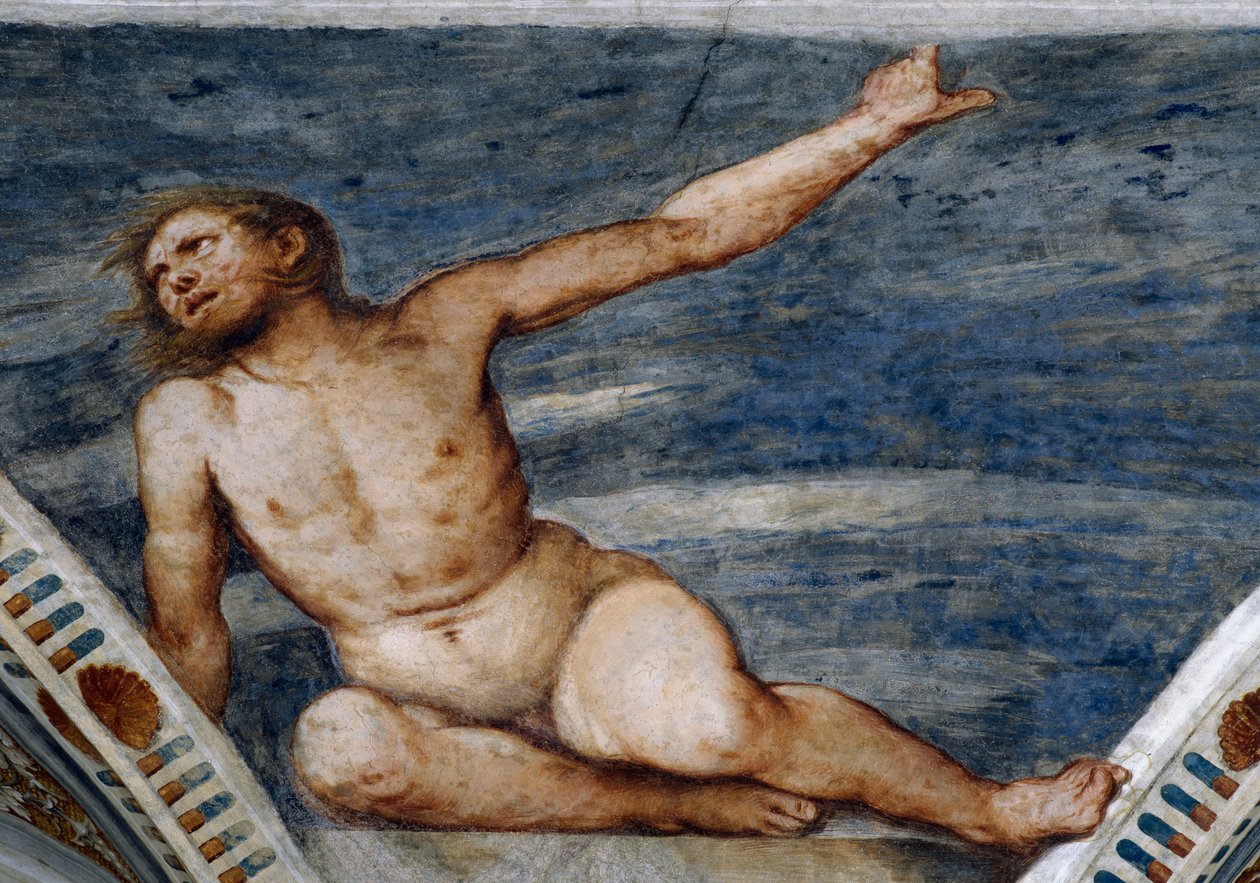 Männlicher Akt, Detail der Fresken von Girolamo Romanino (ca. 1484-nach 1559), im Auftrag von Bernardo Clesio von Girolamo Romanino