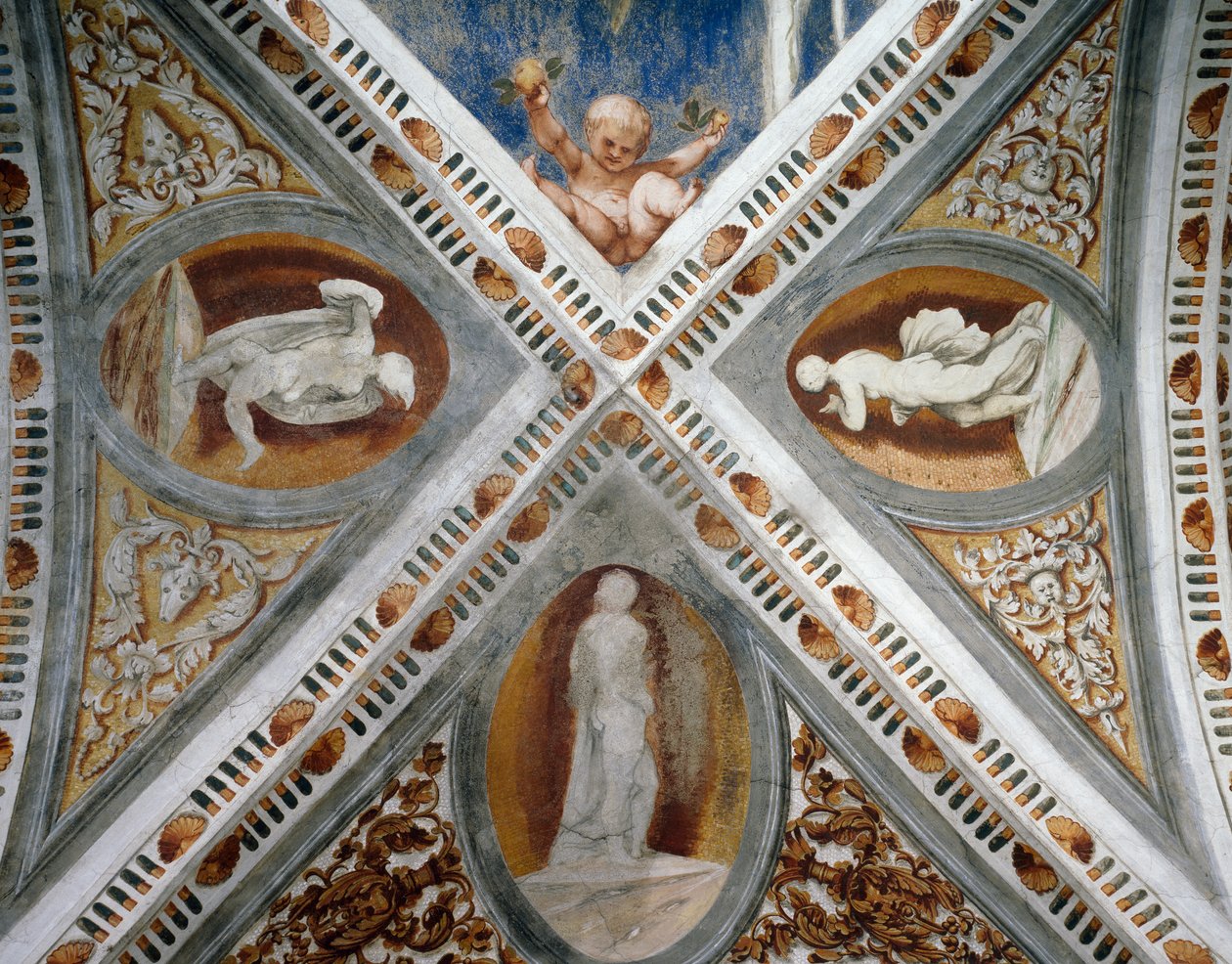 Mosaiknischen und Statuen, Detail der Fresken von Girolamo Romanino, im Auftrag von Bernardo Clesio von Girolamo Romanino