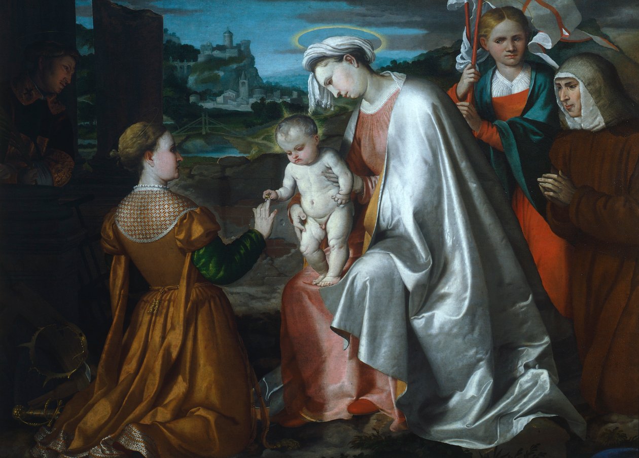 Mystische Hochzeit der Heiligen Katharina in Anwesenheit der Heiligen Ursula, Laurentius und Angela Merici von Girolamo Romanino