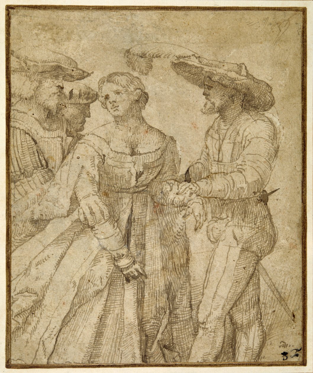Szene der Galanterie: vier Figuren vor einer Landschaft von Girolamo Romanino