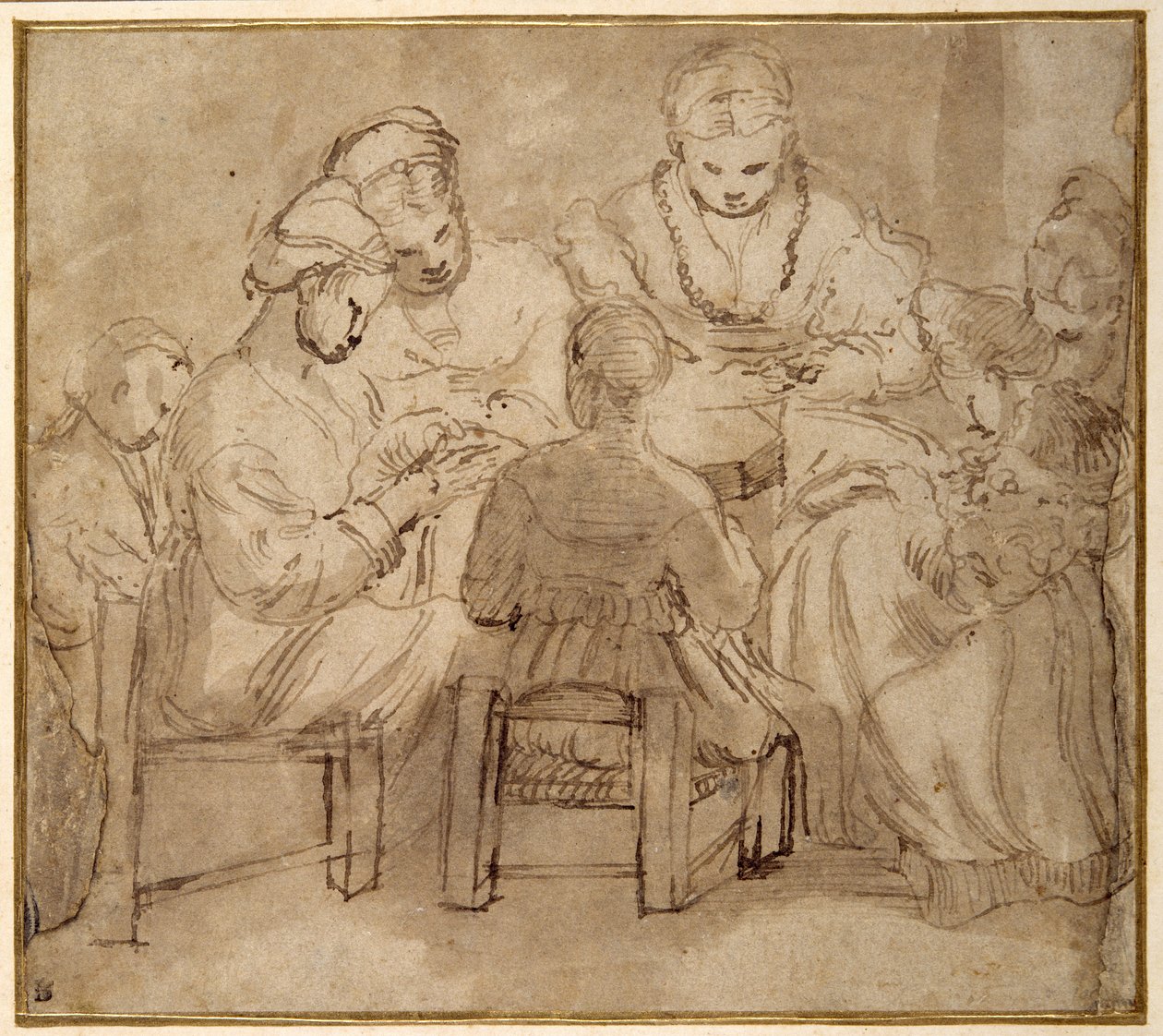 Frauen und Mädchen sitzen um einen Tisch und nähen von Girolamo Romanino