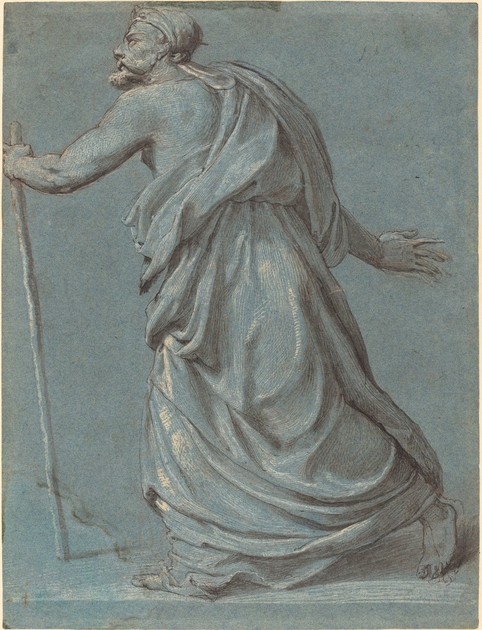 Studie eines Mannes, der nach links geht und einen Stab hält von Girolamo Siciolante