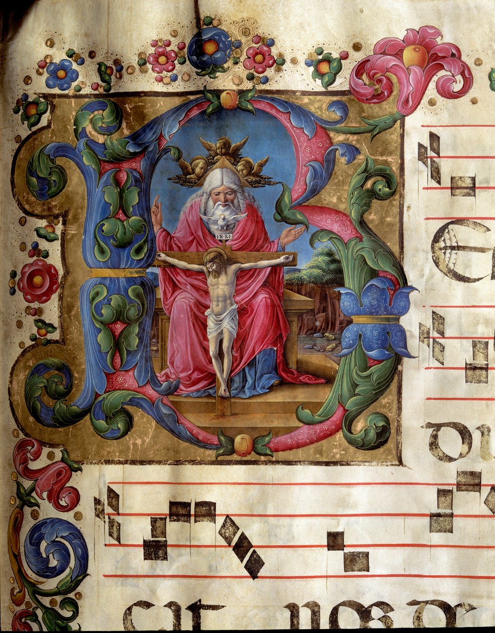 Lettrine B dekoriert, die die Heilige Dreifaltigkeit darstellt. Miniatur von Girolamo da Cremona aus einem Chorbuch der Kathedrale von Siena. 15. Jahrhundert von Girolamo da Cremona