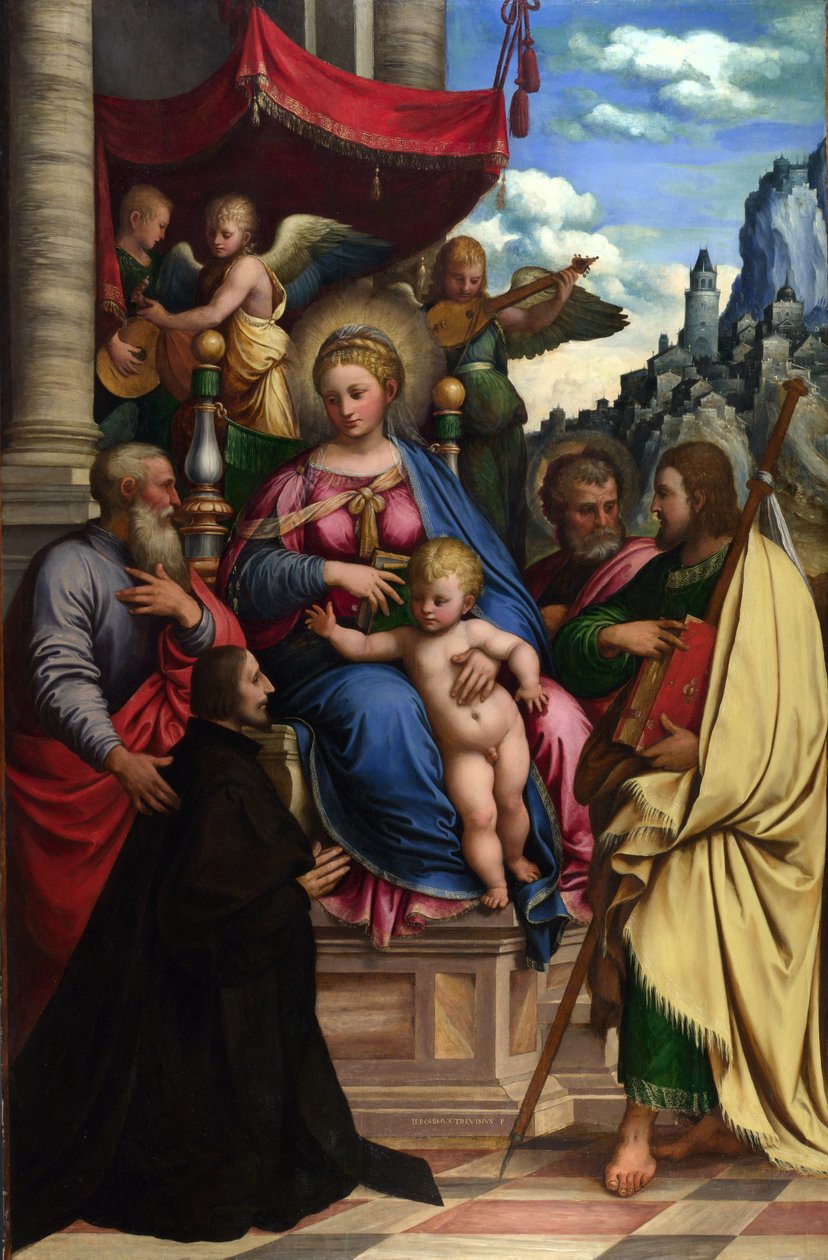 Die Madonna und das Kind mit Engeln, Heiligen und einem Stifter von Girolamo da Treviso the Younger