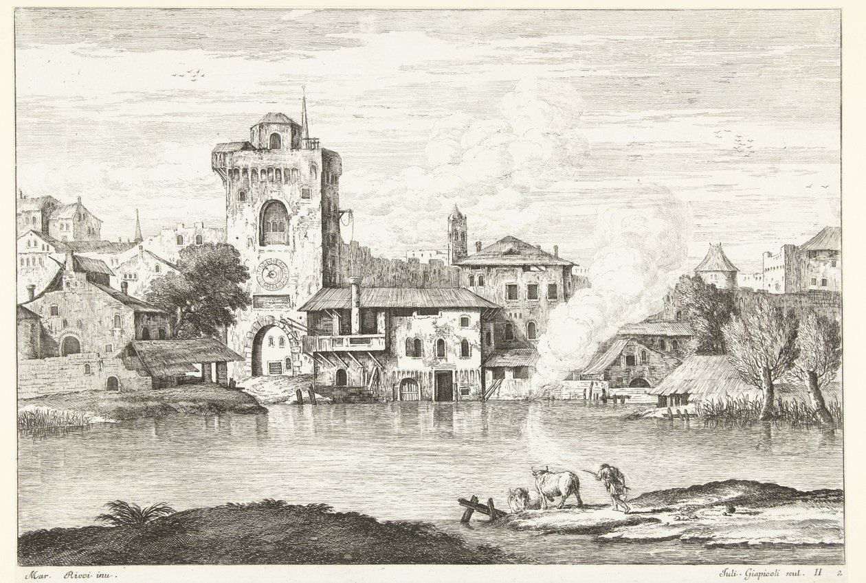 Ansicht einer Stadt mit Turm am Wasser von Giuliano Giampiccoli