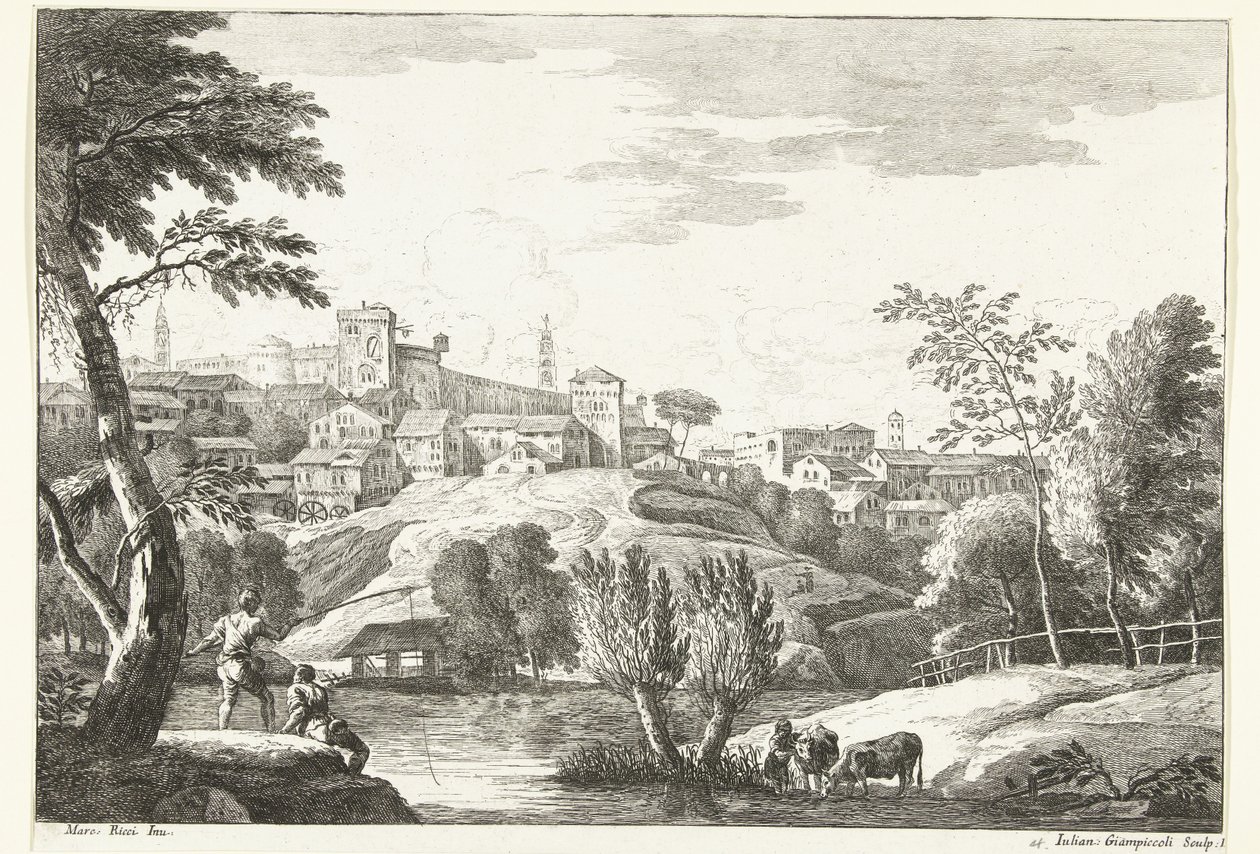 Hügellandschaft mit Stadt und Angler von Giuliano Giampiccoli
