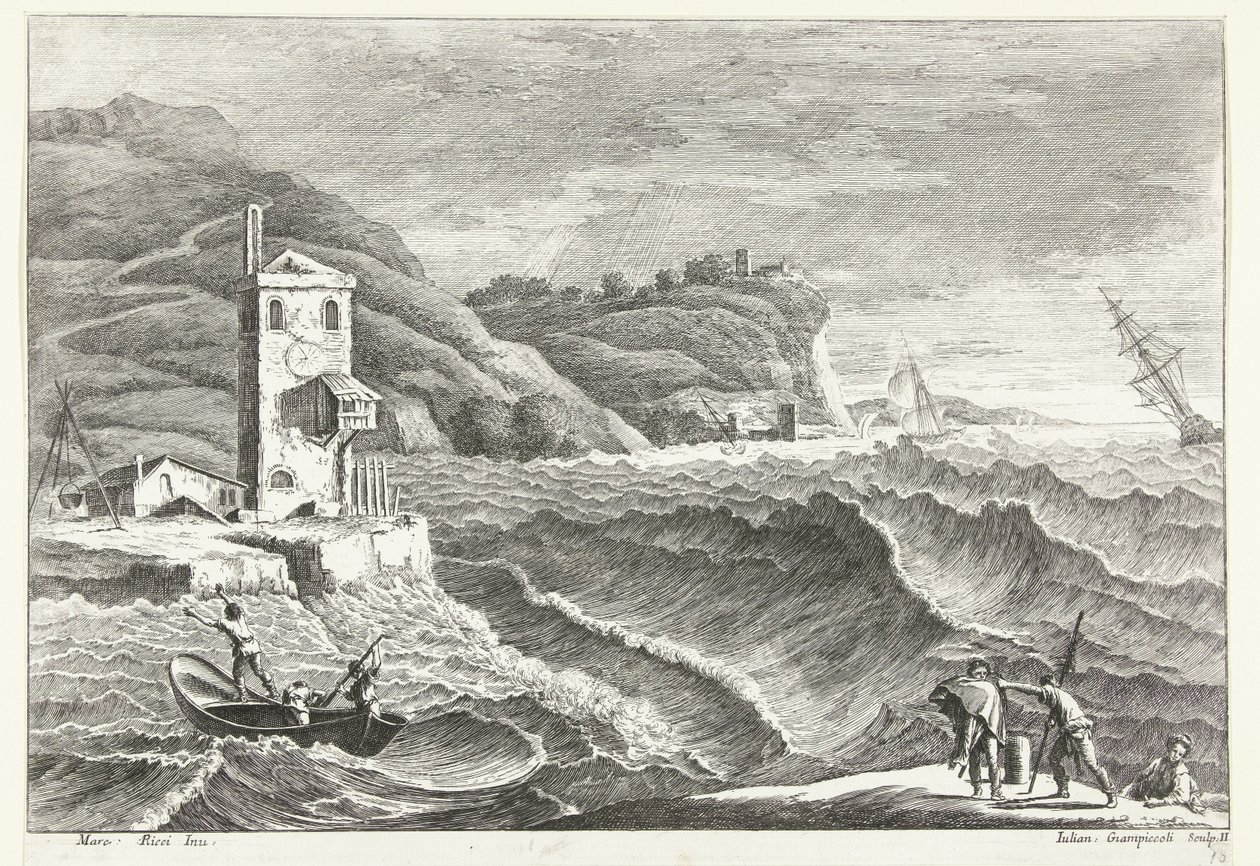 Küstenlandschaft mit Sturm auf See und Leuchtfeuer von Giuliano Giampiccoli