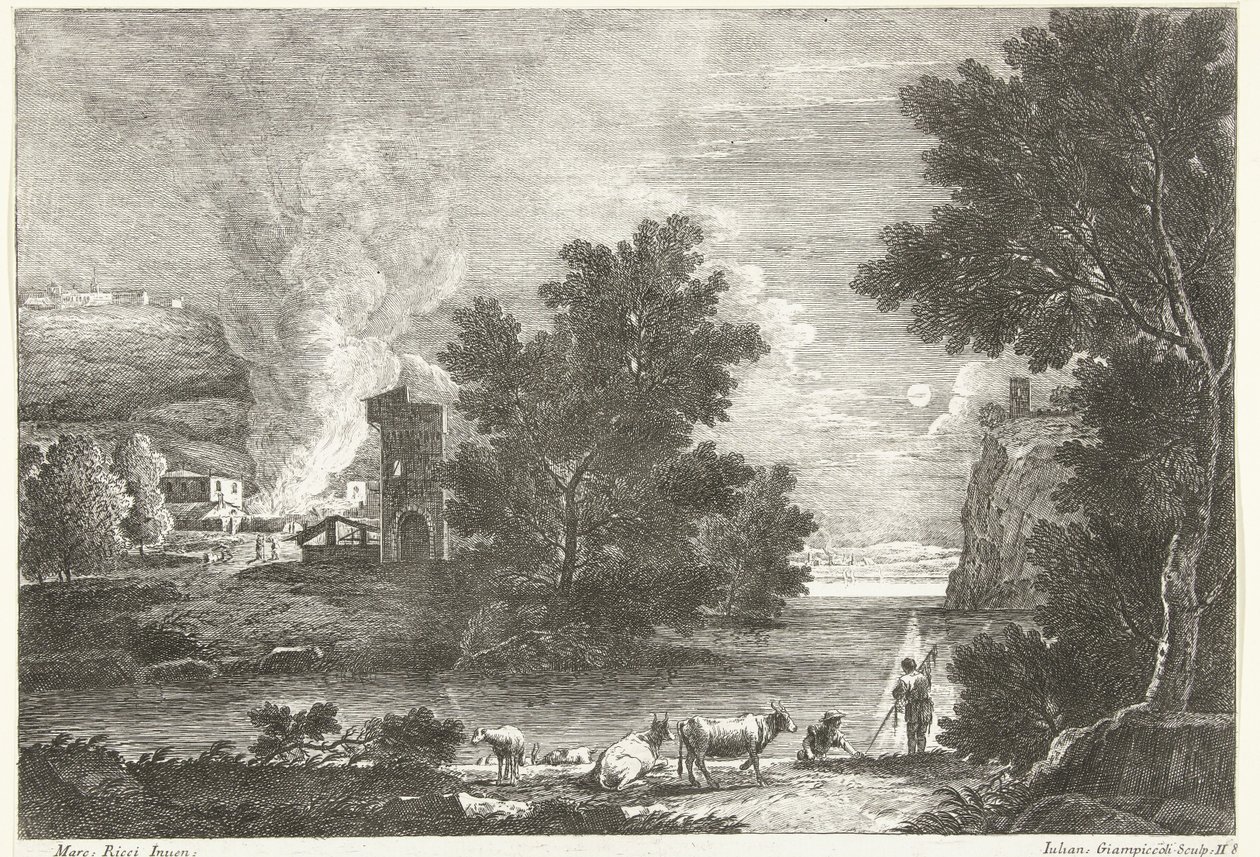 Landschaft bei Mondlicht mit Brand von Giuliano Giampiccoli