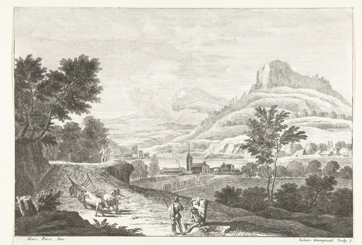 Landschaft mit Ochsenkarren und Beerdigung von Giuliano Giampiccoli