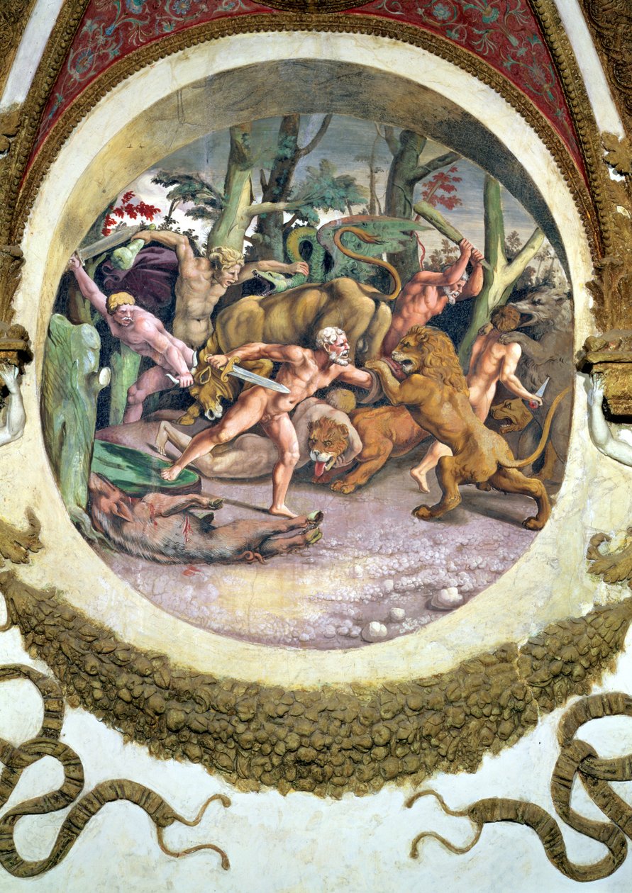 Szene, die zeigt, dass diejenigen, die unter dem Zeichen des Löwen in Verbindung mit dem Sternbild des Hundesterns geboren sind, wilden Tieren ohne Angst begegnen, symbolisiert durch die Szene eines Kampfes zwischen Männern und Tieren von Giulio Romano