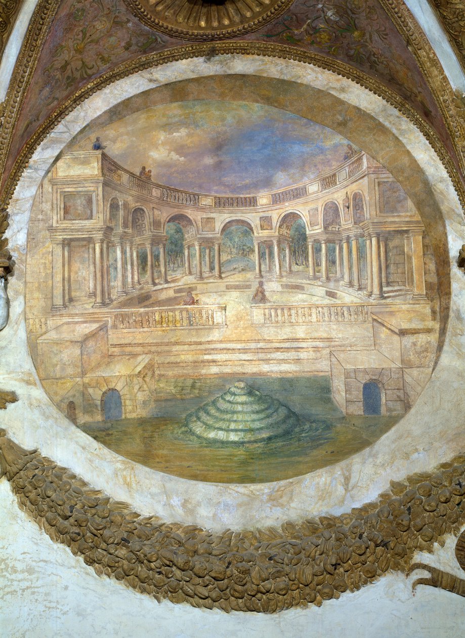 Szene, die zeigt, dass diejenigen, die unter dem Zeichen des Schützen in Verbindung mit dem Sternbild Arcturus geboren sind, die Neigung haben, Wächter königlicher Gebäude zu werden, symbolisiert durch einen Palast von Giulio Romano