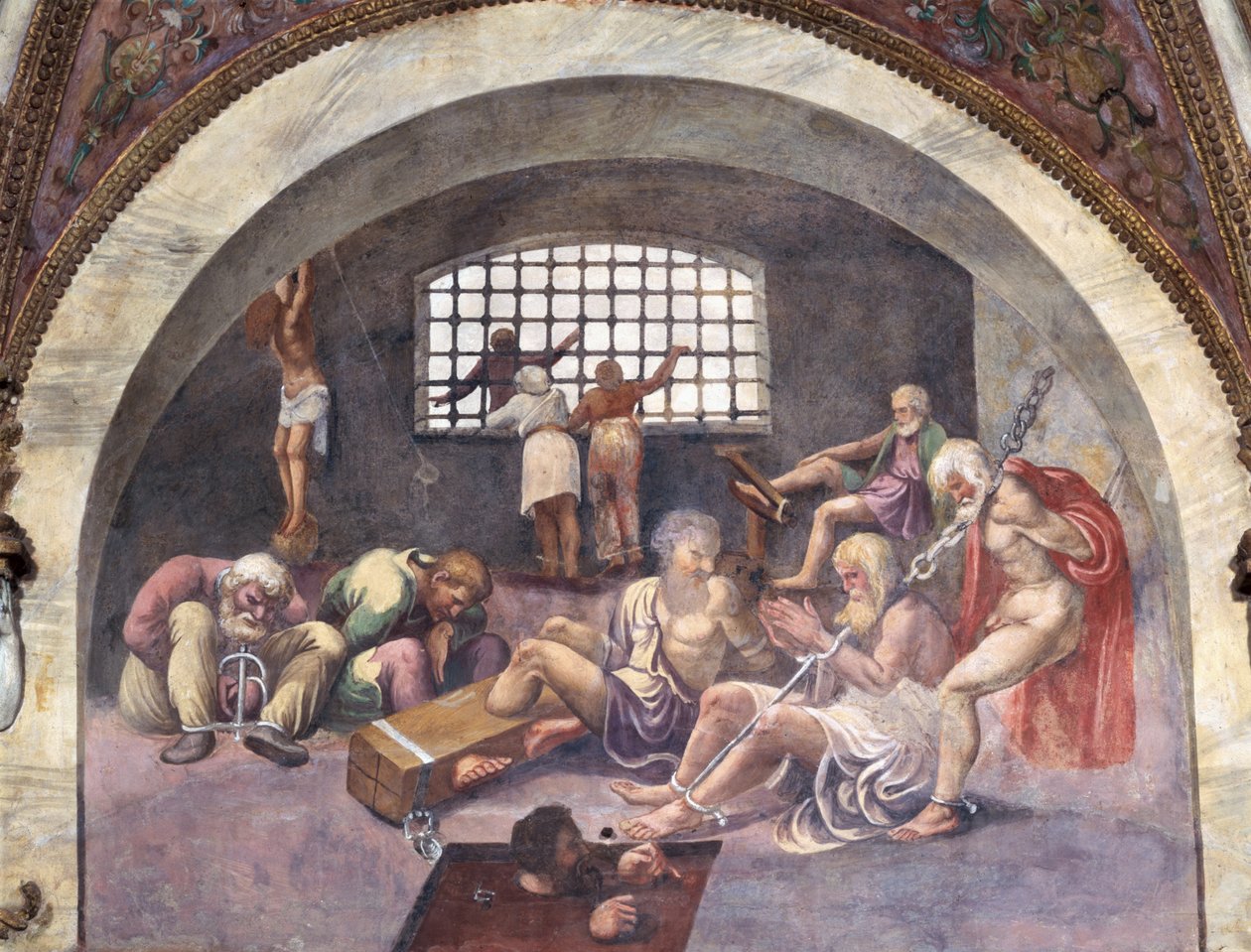 Szene, die zeigt, dass diejenigen, die unter dem Zeichen des Schützen in Verbindung mit dem untergehenden Sternbild Arcturus geboren sind, zu schweren Verbrechen verleitet werden, symbolisiert durch gefesselte Gefangene von Giulio Romano