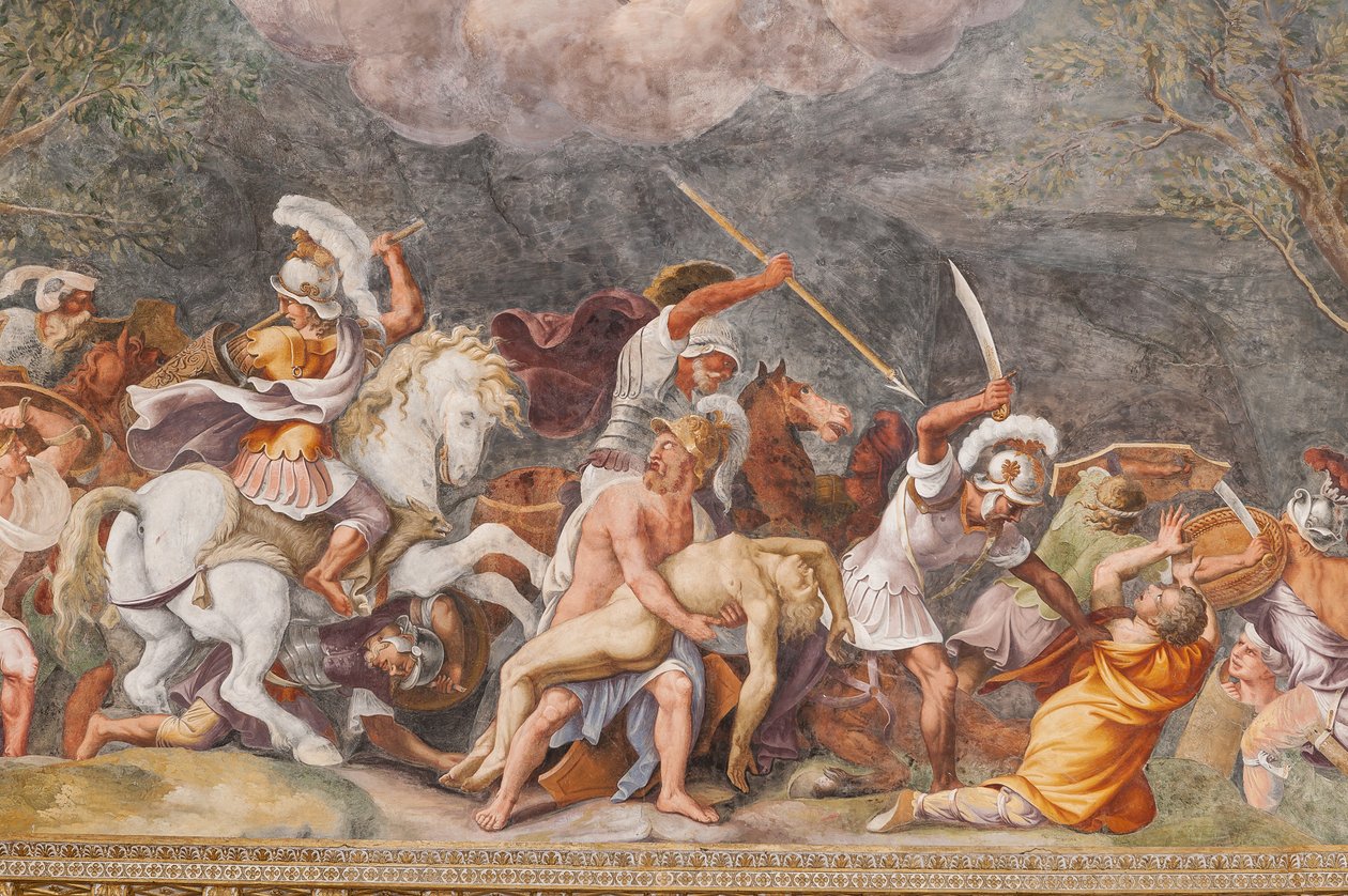 Ajax schützt den Leichnam von Patroklos während der Schlacht von Troja, Das Trojanische Pferd, Kammer von Troja (Sala di Troia) von Giulio (and workshop) Romano