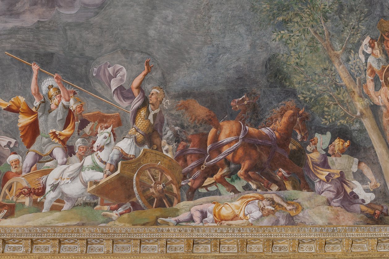 Detail einer Schlacht, das Trojanische Pferd, Kammer von Troja (Sala di Troia) von Giulio (and workshop) Romano