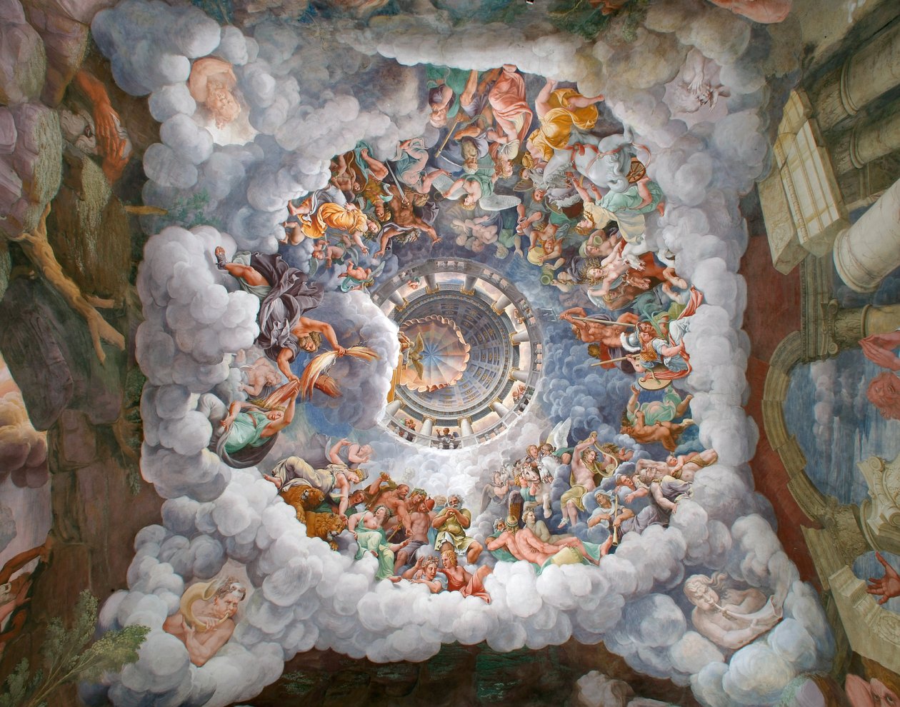 Zeus umgeben von anderen Göttern des Olymp, die Blitze gegen die Giganten werfen und sie zerstören, Gewölbe und die Süd- und Westwände, Kammer der Giganten (Sala dei Giganti) von Giulio (and workshop) Romano