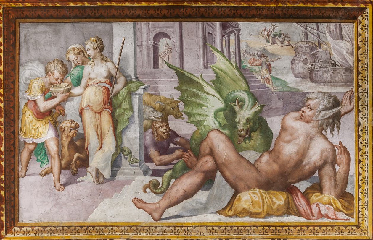 Circe verwandelt die Gefährten des Odysseus in Monster, aus der Halle der Circe, Rocca dei Rossi, San Secondo, Parma, Italien von Giulio (school of) (attr.to) Romano