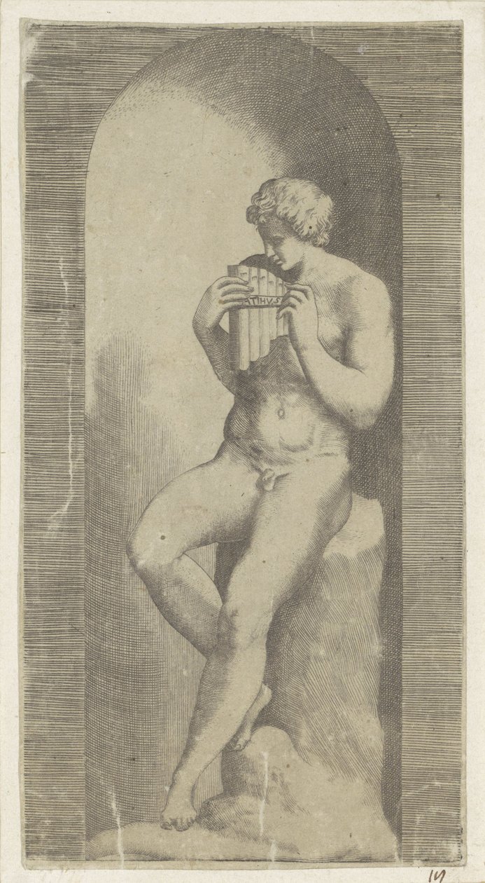 Nackter Mann mit Panflöte in einer Nische von Giulio Bonasone (possibly)