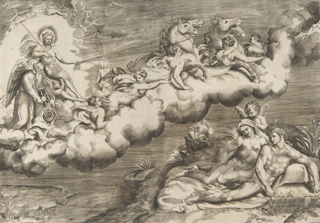 Eine Allegorie der aufgehenden Sonne, ein nackter Mann in einem Leichentuch und begleitet von Vater Zeit (1531-76) von Giulio Bonasone