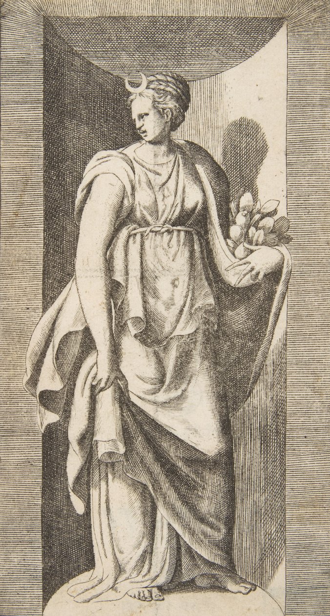 Diana, die in ihrer linken Hand Früchte hält und in einer Nische steht, ca. 1531-76 von Giulio Bonasone