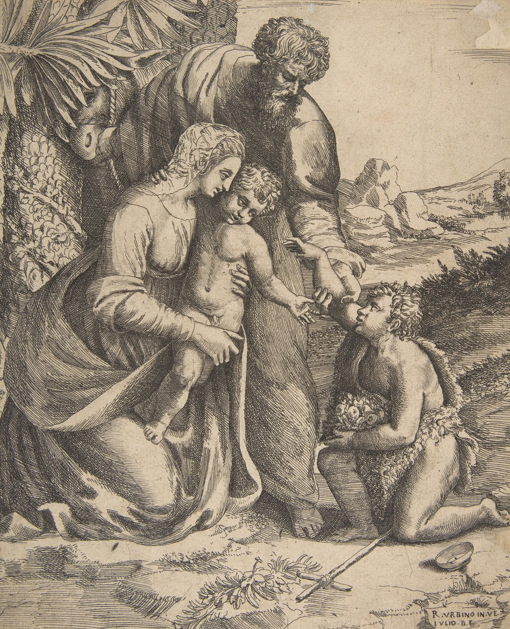 Heilige Familie mit Johannes dem Täufer, der rechts kniet, 1531-76 von Giulio Bonasone