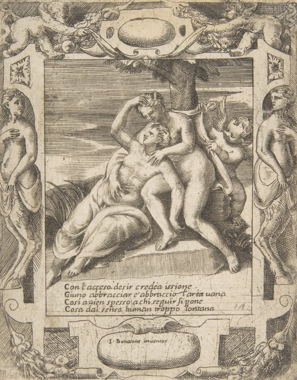 Ixion umarmt eine Wolke, denkt es sei Juno, Amor rechts, in einem aufwändigen... von Giulio Bonasone