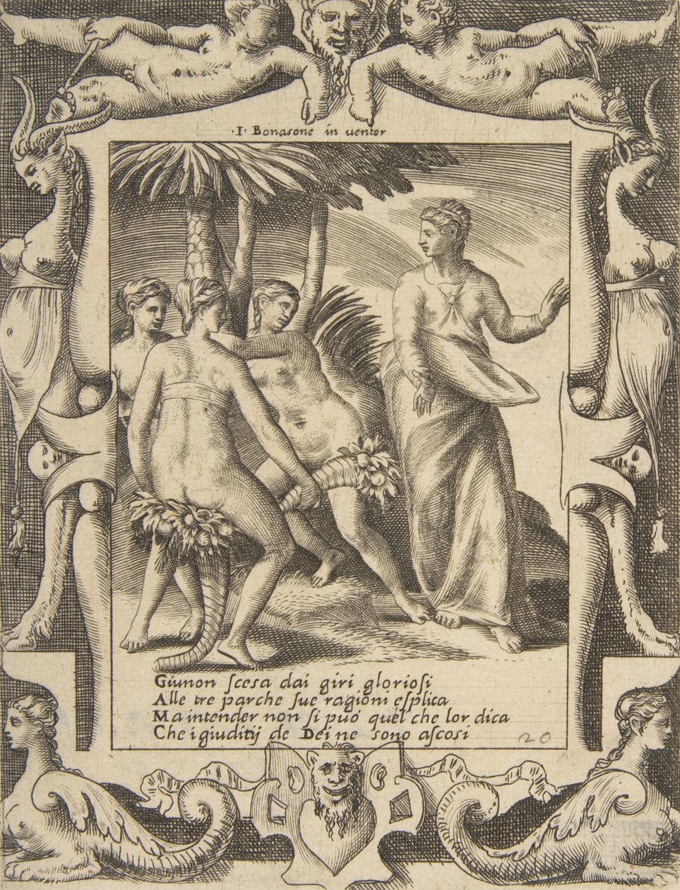 Juno rechts, die zu den Schicksalsgöttinnen spricht, in einem aufwendigen Rahmen, 1531-76 von Giulio Bonasone