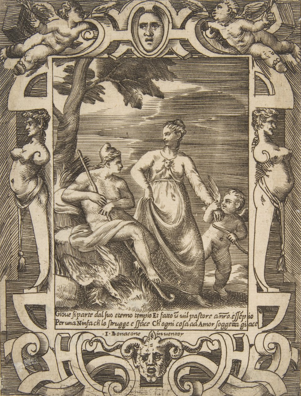 Jupiter links in der Gestalt eines Hirten begleitet von Mnemosyne, in einem aufwändigen... von Giulio Bonasone