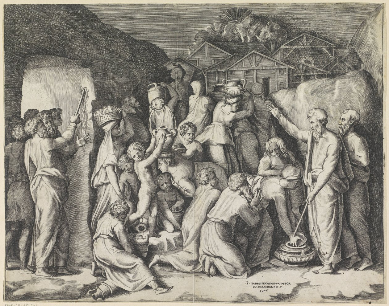 Moses befiehlt den Israeliten, das Manna zu sammeln, und schlägt Wasser aus dem Felsen von Giulio Bonasone