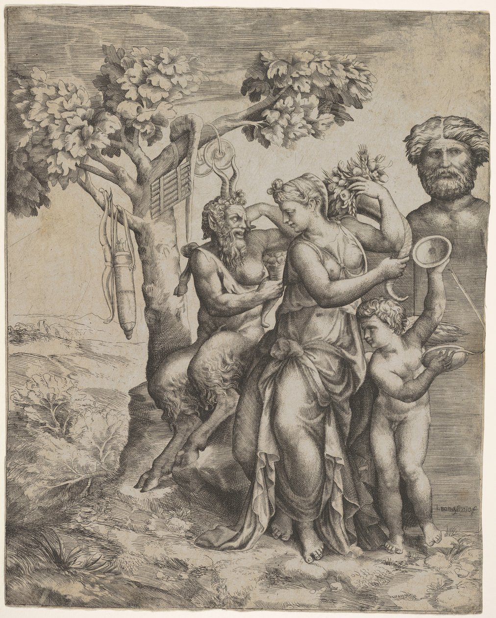 Pan sitzt neben einer weiblichen Figur mit einem Füllhorn (ca. 1550-60) von Giulio Bonasone
