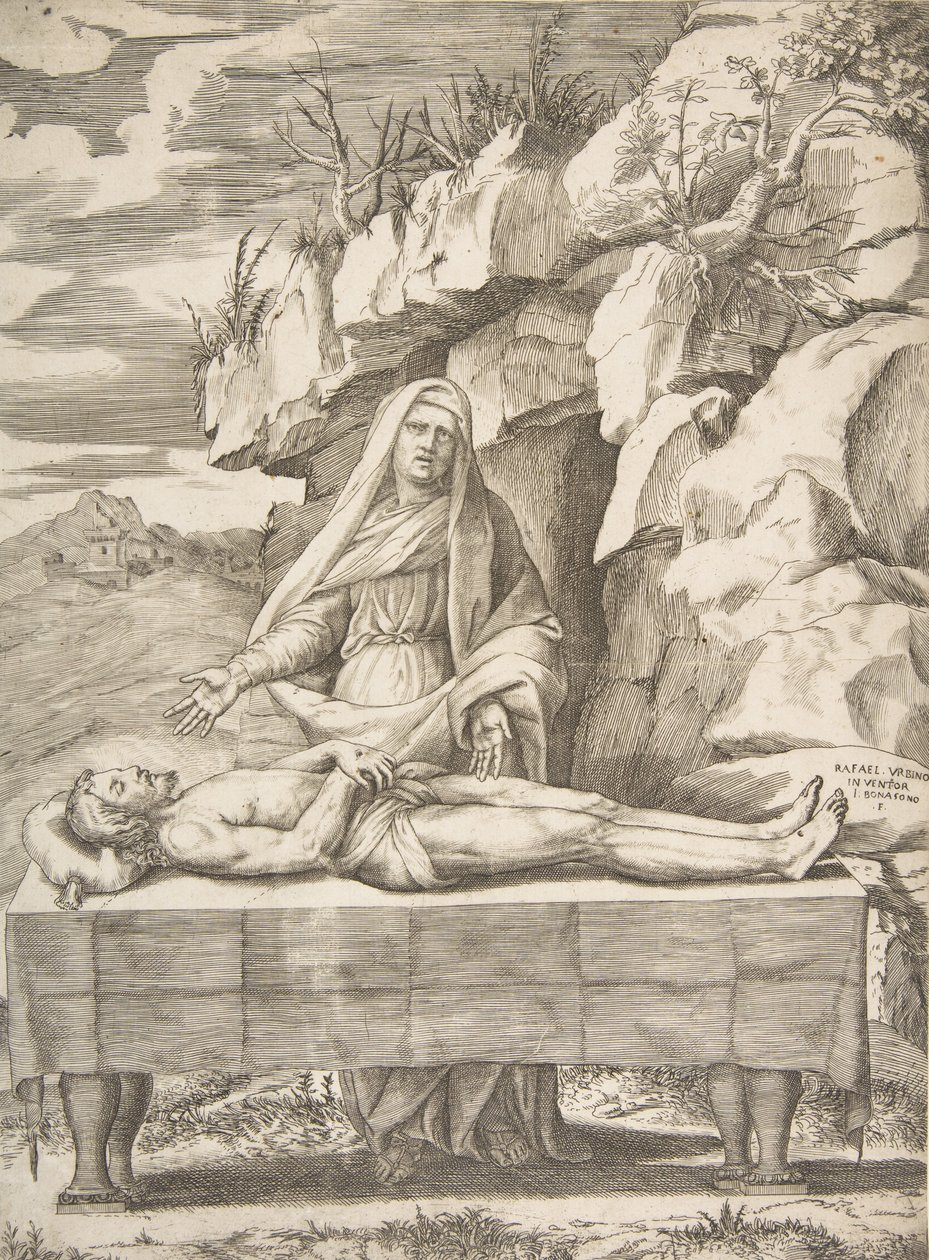 Pieta, Christus ausgestreckt auf einem Tisch in einer Landschaft, die Jungfrau dahinter stehend, 1531-76 von Giulio Bonasone
